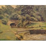 Barrington Browne  Oil on board "The Churn, Rendcomb, Gloucestershire", fisherman on a bank by a