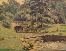 Barrington Browne  Oil on board "The Churn, Rendcomb, Gloucestershire", fisherman on a bank by a