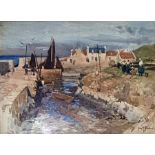 John R Reid Watercolour drawing  Quayside scene, cottages in the background and women on the left,