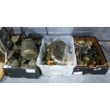 Quantity of brass ware, paraffin lamps (mainly damaged), silver plate etc (3 boxes) (bought as