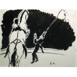 LK (possibly Laura Knight(?)) Ink on paper Circus scene with ringmaster and prancing horse,