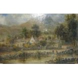 Unattributed (19th century)  Oil on canvas  Rustic scene with cottages in a village, stream in the