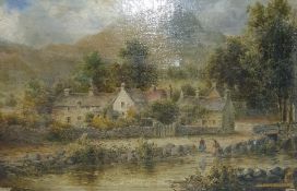 Unattributed (19th century)  Oil on canvas  Rustic scene with cottages in a village, stream in the