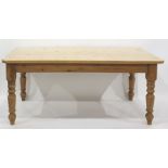 20th century pine rectangular table on four turned supports, the top 181cm x 90cm