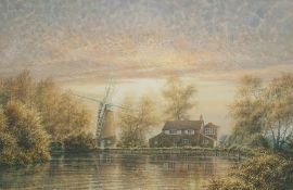 Attributed to Michael Pettersson  Watercolour drawing View across lake to house and windmill, 34cm x