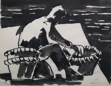 Josef Herman (1911-2000) Pen and wash on paper Man at harbourside with baskets, signed lower right