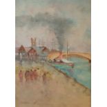 20th Century School Watercolour Figures by Harbour scene, indistinctly signed lower left 29cm x