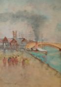 20th Century School Watercolour Figures by Harbour scene, indistinctly signed lower left 29cm x