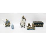 Two Japanese earthenware and partly glazed figures of men, lacquer musical jewellery box, Japanese