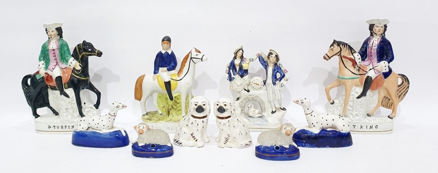 Assorted Staffordshire flatbacks to include D Turpin, T King, pair of sheep, etc (12)