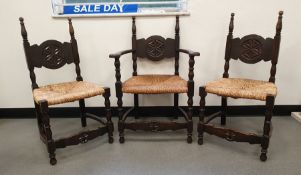 Set of six (4+2) 20th century oak framed dining chairs with rush seats, stretchered bases (6)