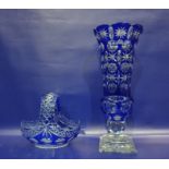 Large glass vase, blue glass overlaid and a similarly decorated basket (2)
