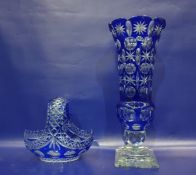 Large glass vase, blue glass overlaid and a similarly decorated basket (2)
