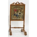 19th century firescreen with needlework decoration featuring couple at window