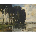20th century Oil on canvas River scene with pine t