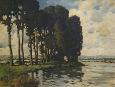 20th century Oil on canvas River scene with pine t