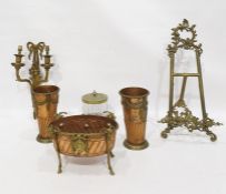 Assorted metalware to include decorative brass easel in the rococo manner, twin-branch wall-