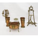Assorted metalware to include decorative brass easel in the rococo manner, twin-branch wall-