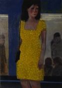 David Hosie (b.1962) Mixed media "Yellow Dress", labelled verso and with Open Eye Gallery label,