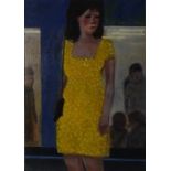 David Hosie (b.1962) Mixed media "Yellow Dress", labelled verso and with Open Eye Gallery label,