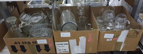 Assorted glassware including wines, sherry decanters, rose bowl, plastic ice bucket, plates,