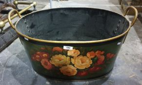 Large decoratively painted metal container for wood, flowers etc.