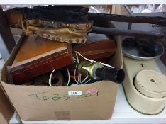 Vintage scale with bowl and some weights, pair of wooden bellows, binoculars, table lamp, pipe