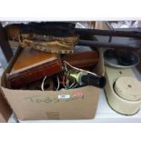 Vintage scale with bowl and some weights, pair of wooden bellows, binoculars, table lamp, pipe