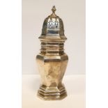 George V silver sugar caster with pierced top and octagonal body