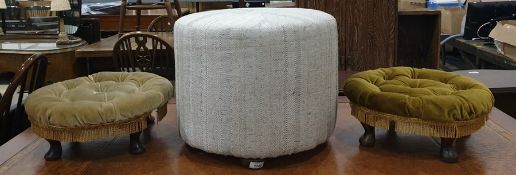 Cylindrical foot pouffe by Forge House Interiors together with two low foot pouffes with button