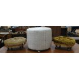 Cylindrical foot pouffe by Forge House Interiors together with two low foot pouffes with button