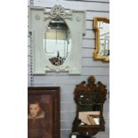 Oval mirror within a grey painted carved frame, 72cm x 54cm approx together with an 18th century