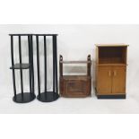 Two black painted stands, bedside cupboard and small hanging shelf (4)