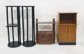 Two black painted stands, bedside cupboard and small hanging shelf (4)