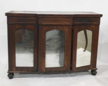 19th century rosewood breakfront sideboard, the plain edged top above three drawers and three