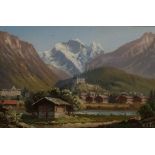 Pair oils under glass  Swiss mountain scenes, indistinctly signed lower right (2)