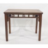 Oriental hardwood altar type table, the rectangular top with rounded corners above carved and
