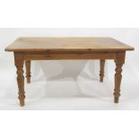 Pine rectangular table on four turned supports to peg feet, 151.5cm x 82cm