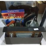 1940's barometer, a wooden and metal biscuit barrel, a clothes brush and other items (1 box)