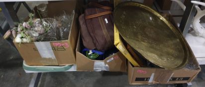 Quantity of assorted glassware, a large brass tray with Arabic inscriptions, faux flowers, bowling