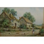 H Lilian Watercolour drawing  Rustic scene with thatched cottages with girl holding a baby,