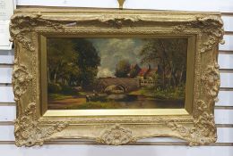 Newman Oil on board Rural scene with bridge over a river, cattle crossing, figures fishing, signed