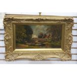 Newman Oil on board Rural scene with bridge over a river, cattle crossing, figures fishing, signed