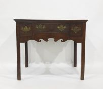 18th century style oak side table with three drawers, shaped frieze, brass handles, 87 x 75cm