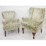 Modern wing-back chair on cabriole supports together with one further in matching upholstery (2)