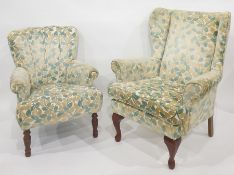 Modern wing-back chair on cabriole supports together with one further in matching upholstery (2)