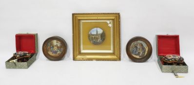 Assorted pot lids to include one with continental town scene, another featuring couple, another of