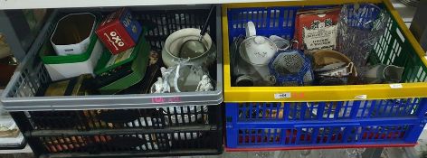 Quantity of assorted ceramics, glassware, vintage tins, magnifying glass, Ordnance Survey maps,