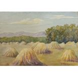 Watercolour drawing  River scene with fishermen and boat E Newsham Watercolour drawing Corn stooks