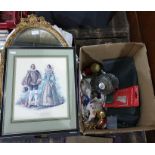 Christmas decorations, framed print, mirror within  gilt frame, quantity of bedlinen